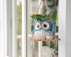 Swing Owl Hanging Planters for Indoor Plants, Cute Small Succulent Pots with Drainage Hole, Unique Resin Plant Hangers Outdoor, Hanging Plant Holder for String Of Pearls, Gift Ideas for Mother Blue-2