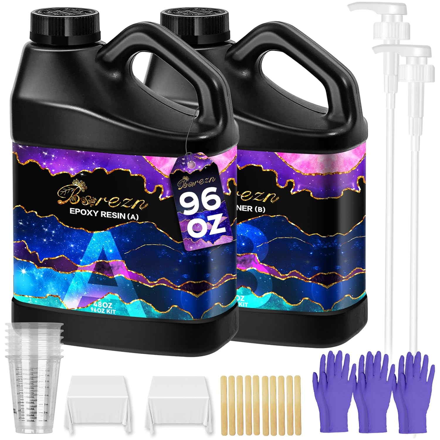 Bsrezn Epoxy Resin Kit - 96 oz with Pumps, 1:1 Mix Ratio, Crystal Clear, Bubble-Free, High Gloss Finish for Coating, Casting, Art, Jewelry, and DIY Projects (48 oz x 2) 96 OZ Kit