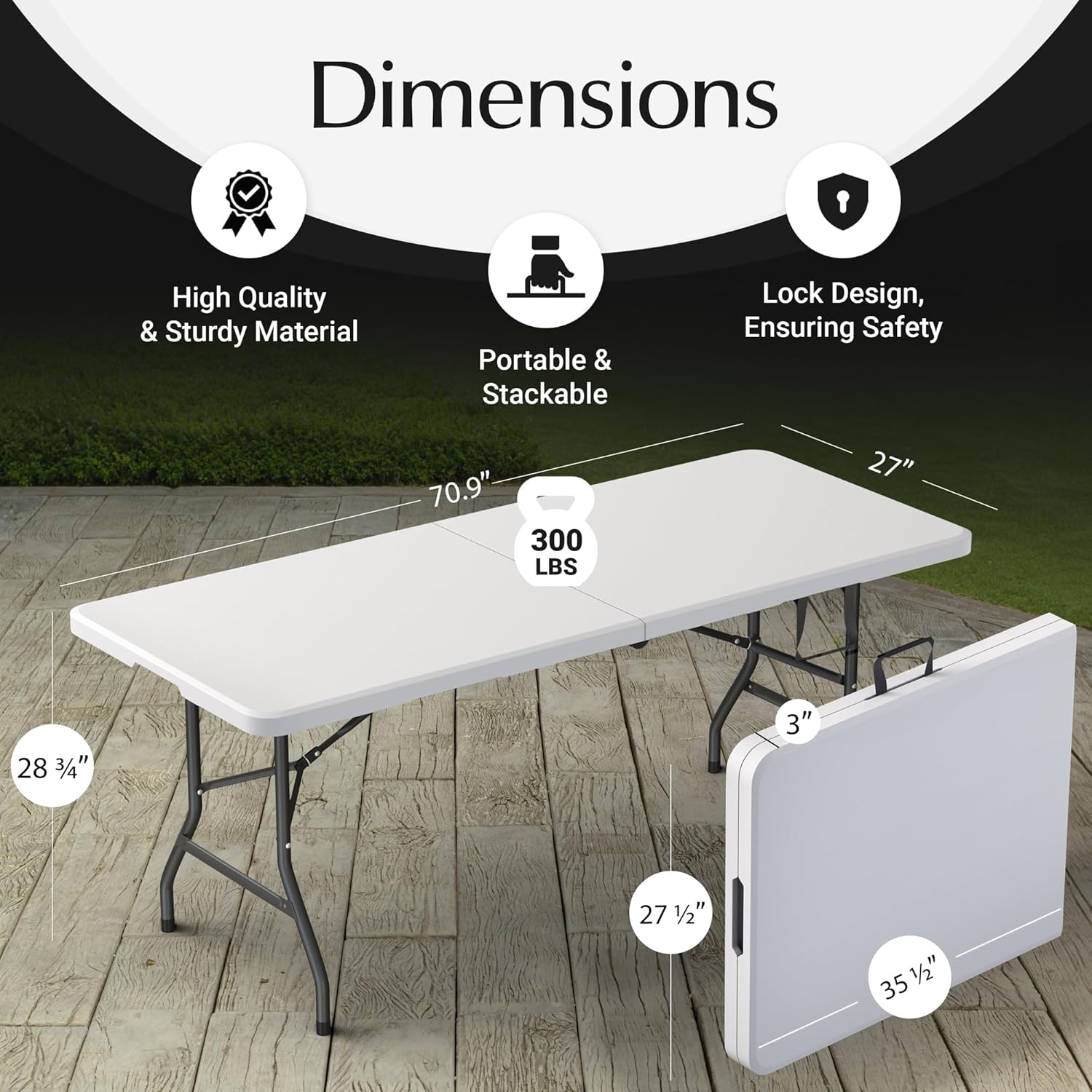 6 Feet Foldable Table with Built in Handle & Steel Legs | 6FT Heavy Duty Folding Portable | Perfect for Party, Dining, Wedding, Events, Picnic Indoor, Outdoor, Camping, Utility, Folding - 6 Foot 6 FT White
