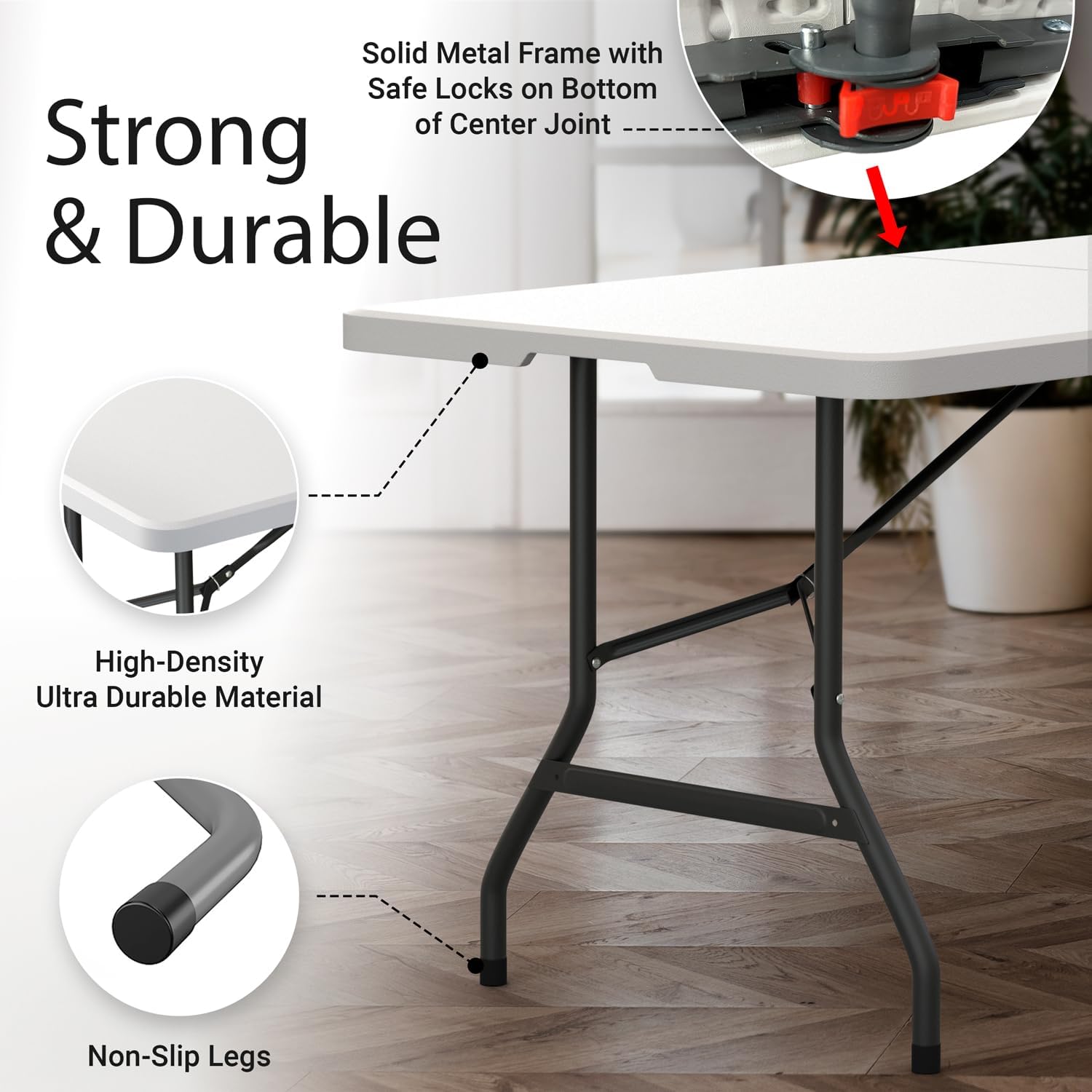 6 Feet Foldable Table with Built in Handle & Steel Legs | 6FT Heavy Duty Folding Portable | Perfect for Party, Dining, Wedding, Events, Picnic Indoor, Outdoor, Camping, Utility, Folding - 6 Foot 6 FT White
