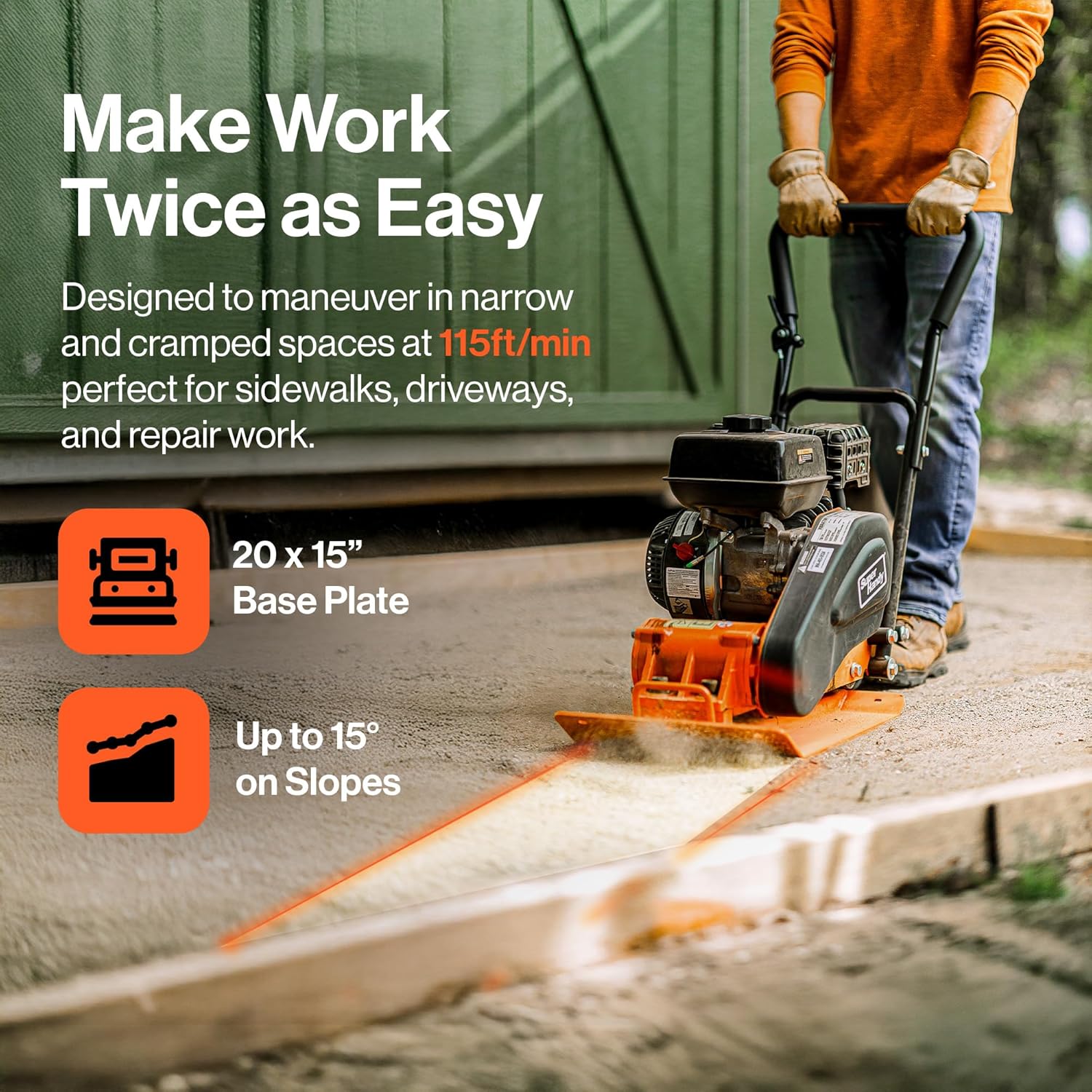 SuperHandy Plate Compactor Rammer 7 HP Gas Engine 4200-Pounds of Compaction Force Rammer Jumping Jack Tamper 20 × 15 Inch Plate for Paving Landscapes Sidewalks Patios EPA/CARB Compliant