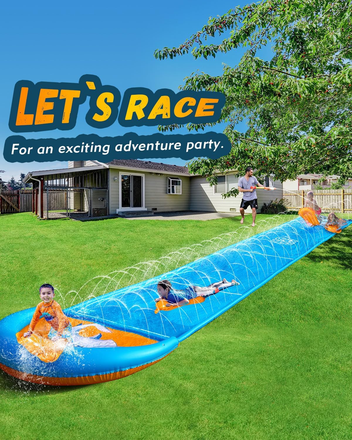 Spring Water Slip and Water Slide, 32FT Lawn Slip n WaterSlide for Kids Adults, Backyard Summer Outdoor Water Toys with Sprinkler, 2 Inflatable Bodyboards