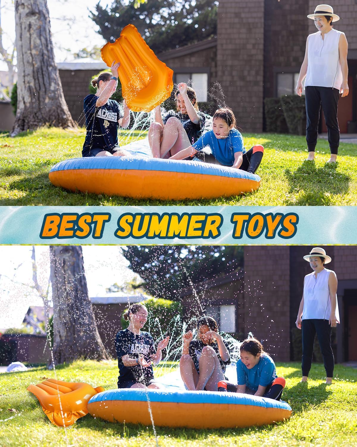 Spring Water Slip and Water Slide, 32FT Lawn Slip n WaterSlide for Kids Adults, Backyard Summer Outdoor Water Toys with Sprinkler, 2 Inflatable Bodyboards