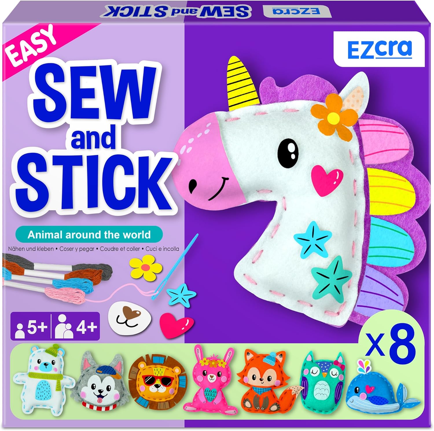 EZCRA Unicorn Sewing Kit for Kids - 8-in-1 Kids Sewing Kit - Easy to Do Craft Kits for Ages 4-8 - Sewing Crafts - Extra Felt Stickers for Decoration - No Mess with Full Instructions Animal