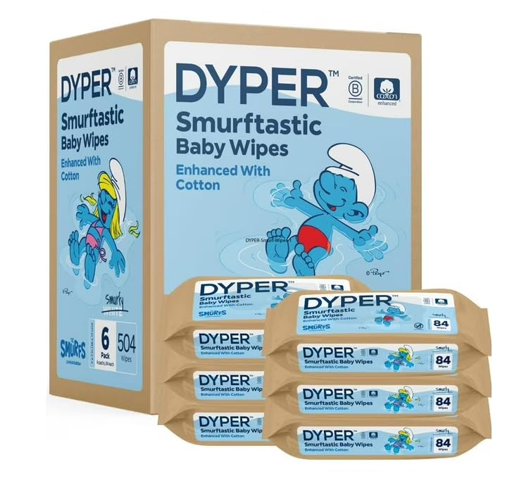 DYPER Smurftastic Baby Wipes for Sensitive Skin - 504 Count - 99% Water & Plant-Based, Hypoallergenic Unscented Baby Wipes, Cotton-Enhanced Fragrance Free Diaper Wipes, (6 Pack)