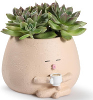 Smily Face Planter Pots, Cute Coffee Plant Pots for Indoor Outdoor Plants, Small Succulent Pots Resin Flower Pot Head Planters with Drainage Hole, Gift IdeaI for Mother Plant Lovers, Christmas