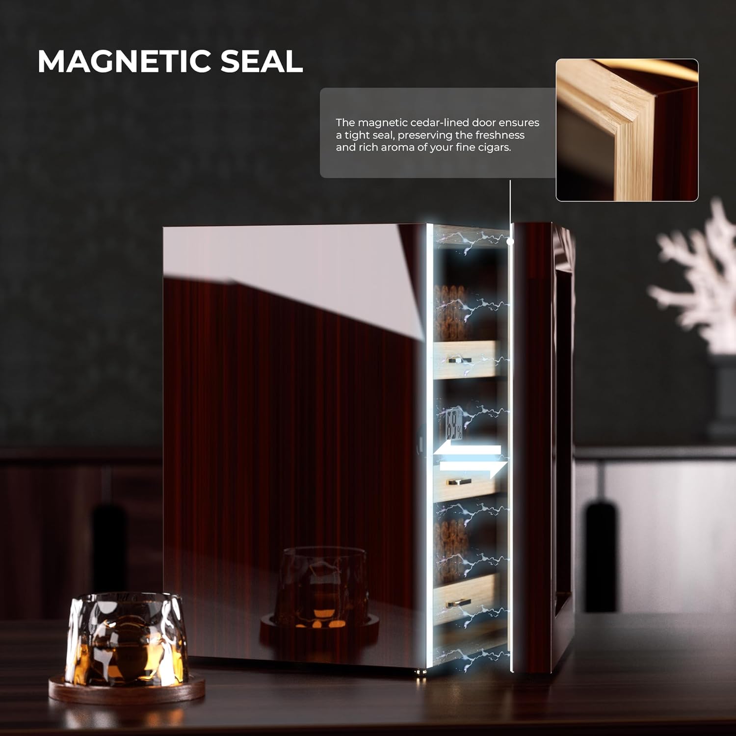 Woodronic Cigar Humidor Cabinet for 150 Counts with Spanish Cedar Lining, Crystal Gel Humidifiers, Digital Hygrometer & Larger Drawers, Glossy Ebony Finish, Desktop Cigar Gift for Men Ebony Finish 150 Count (Pack of 1)