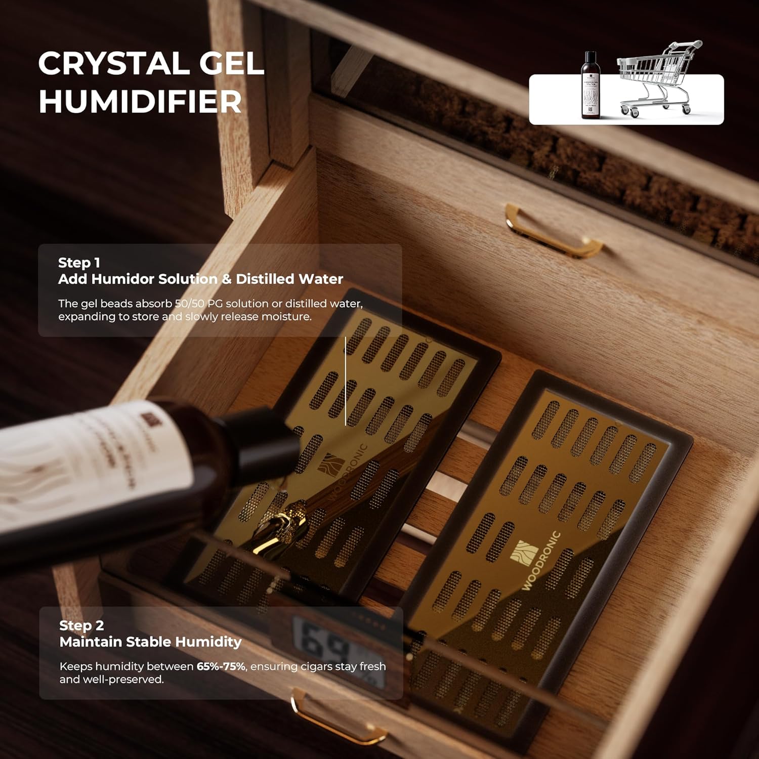 Woodronic Cigar Humidor Cabinet for 150 Counts with Spanish Cedar Lining, Crystal Gel Humidifiers, Digital Hygrometer & Larger Drawers, Glossy Ebony Finish, Desktop Cigar Gift for Men Ebony Finish 150 Count (Pack of 1)