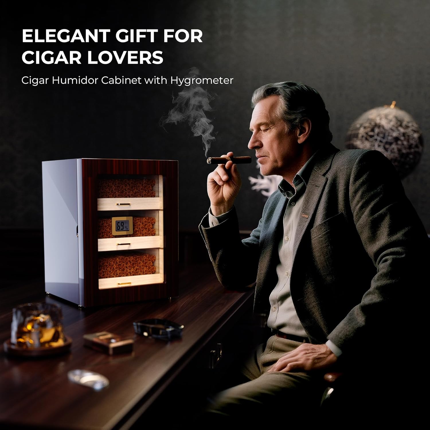 Woodronic Cigar Humidor Cabinet for 150 Counts with Spanish Cedar Lining, Crystal Gel Humidifiers, Digital Hygrometer & Larger Drawers, Glossy Ebony Finish, Desktop Cigar Gift for Men Ebony Finish 150 Count (Pack of 1)