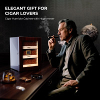 Woodronic Cigar Humidor Cabinet for 150 Counts with Spanish Cedar Lining, Crystal Gel Humidifiers, Digital Hygrometer & Larger Drawers, Glossy Ebony Finish, Desktop Cigar Gift for Men Ebony Finish 150 Count (Pack of 1)