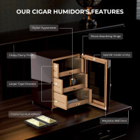 Woodronic Cigar Humidor Cabinet for 150 Counts with Spanish Cedar Lining, Crystal Gel Humidifiers, Digital Hygrometer & Larger Drawers, Glossy Ebony Finish, Desktop Cigar Gift for Men Ebony Finish 150 Count (Pack of 1)