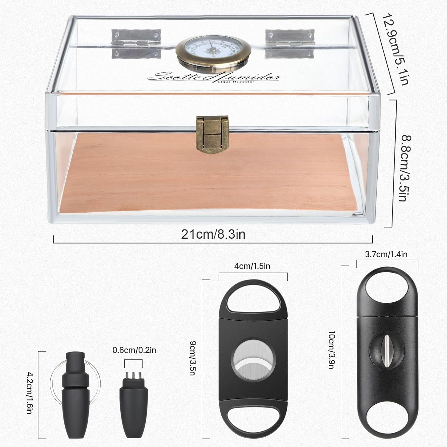 Scotte Acrylic Cigar Humidor Jar/case/Box with Humidifier and Hygrometer,humidor Can Hold About 20 Cigars Including Cigar Cutters and Cigar Punch (Clear-1)