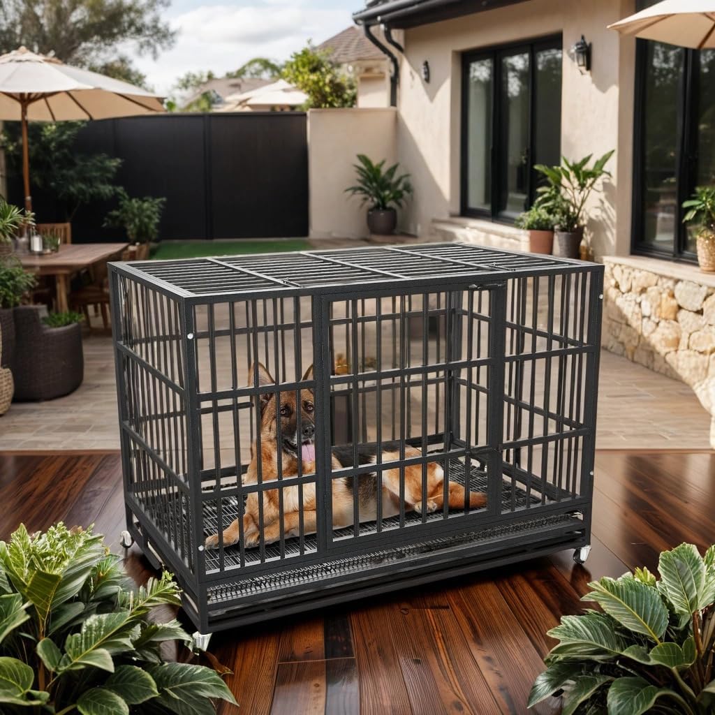 54/48/42/38 Inch Heavy Duty Dog Crate Cage with Wheels, Indestructible and Escape Proof Steel Kennel Indoor for High Anxiety Dogs with Sturdy Locks, Double Door and Tray, Extra Large XL XXL 48-Inch Black