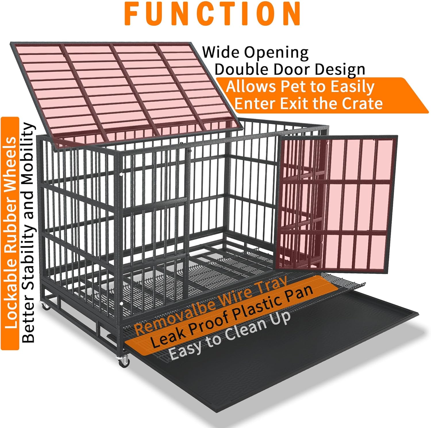 54/48/42/38 Inch Heavy Duty Dog Crate Cage with Wheels, Indestructible and Escape Proof Steel Kennel Indoor for High Anxiety Dogs with Sturdy Locks, Double Door and Tray, Extra Large XL XXL 48-Inch Black
