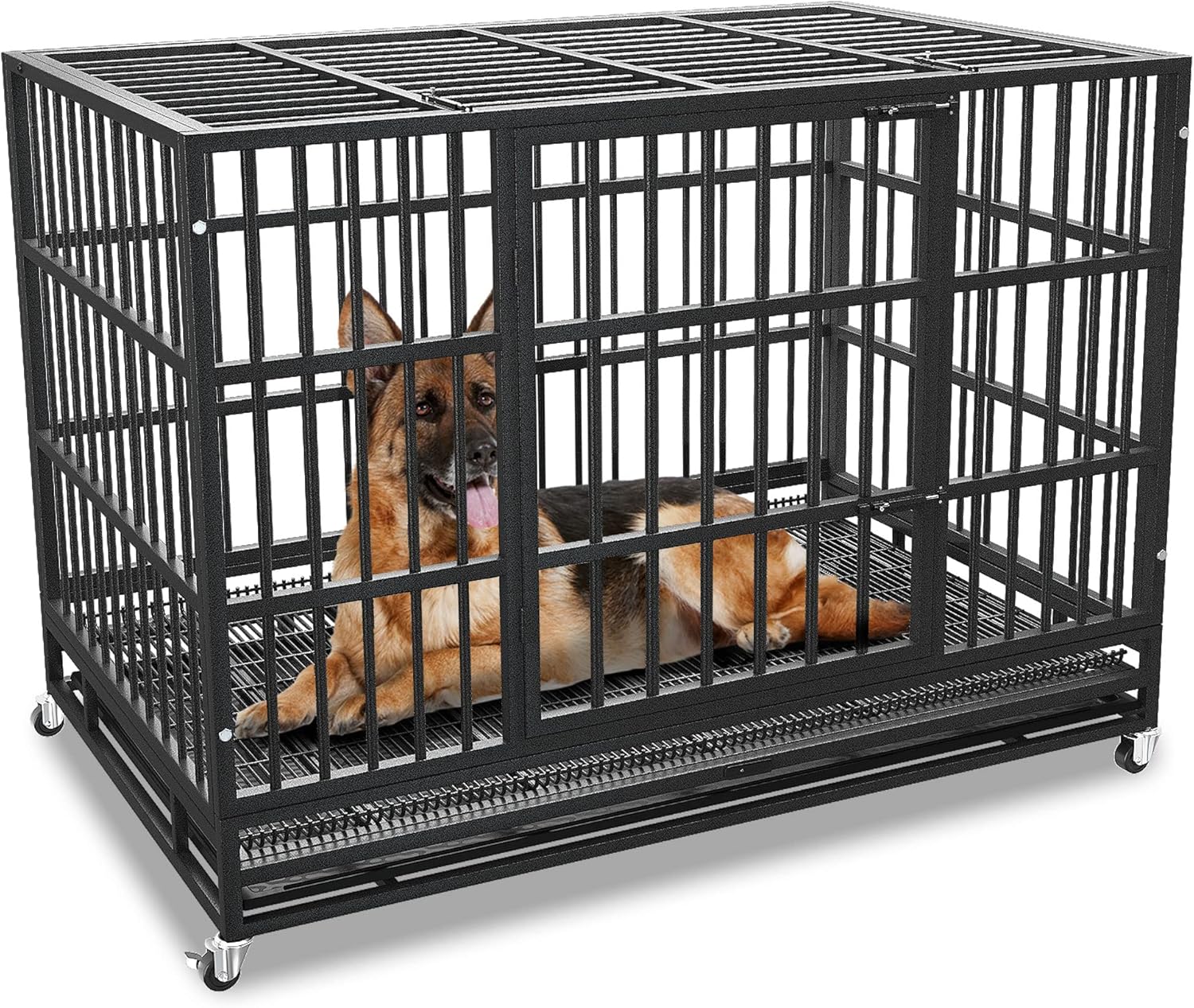 54/48/42/38 Inch Heavy Duty Dog Crate Cage with Wheels, Indestructible and Escape Proof Steel Kennel Indoor for High Anxiety Dogs with Sturdy Locks, Double Door and Tray, Extra Large XL XXL 48-Inch Black