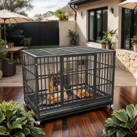 54/48/42/38 Inch Heavy Duty Dog Crate Cage with Wheels, Indestructible and Escape Proof Steel Kennel Indoor for High Anxiety Dogs with Sturdy Locks, Double Door and Tray, Extra Large XL XXL 48-Inch Black