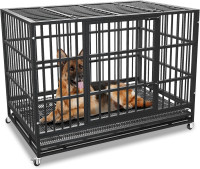 54/48/42/38 Inch Heavy Duty Dog Crate Cage with Wheels, Indestructible and Escape Proof Steel Kennel Indoor for High Anxiety Dogs with Sturdy Locks, Double Door and Tray, Extra Large XL XXL 48-Inch Black