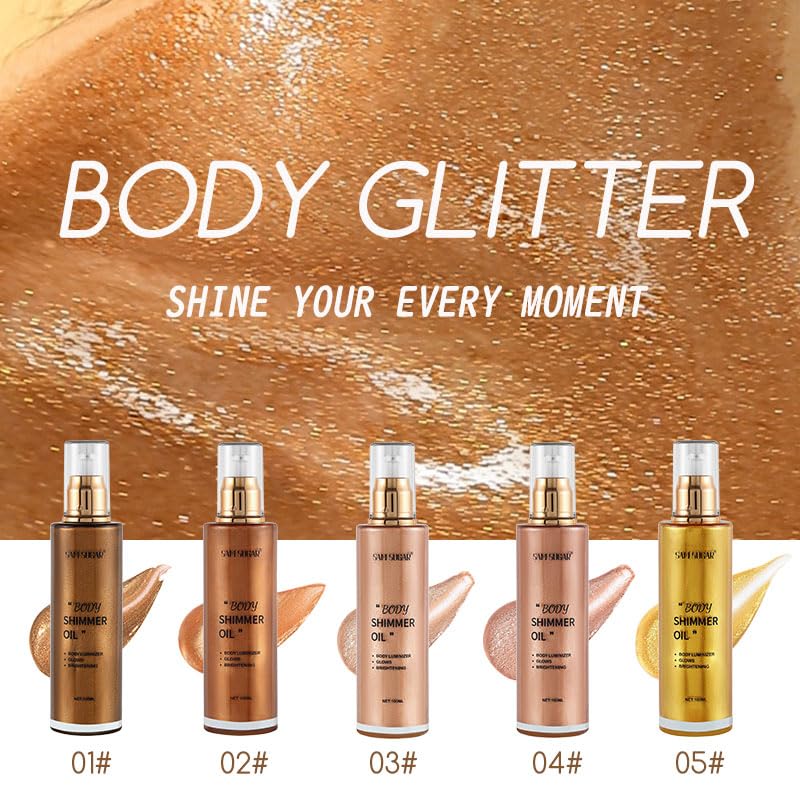 Shimmer Body Oil, Long Lasting Moisturizing Body Glow Oil for Women Face Luminizer Highlighter Makeup 100ml Glitter Shimmer Lotion for Glow Skin (Light Rose Gold) Light Rose Gold Body Glow