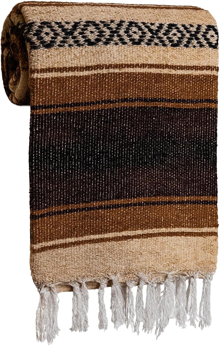 Large Mexican Blanket in Beige/Dark Brown — Handcrafted Serape Falsa Yoga Blanket (73” x 48”) – Throw for Camping, Beach & Outdoor Use – Artisan Craft, Made in Mexico from Recycled Fibers