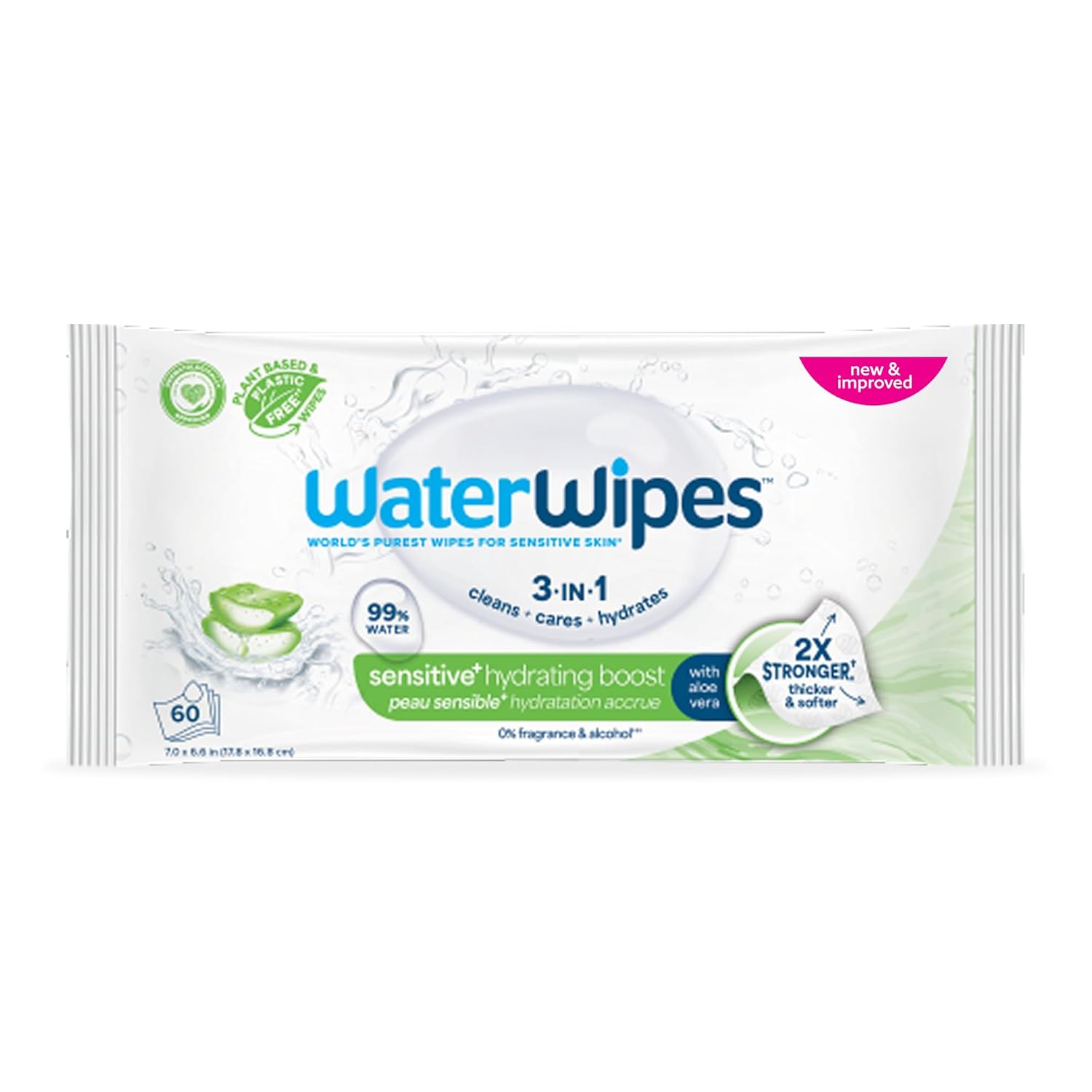 WaterWipes Sensitive+ Hydrating Boost Wipes, 3-In-1 Cleans, Cares, Hydrates, 99% Water with Aloe Vera, Unscented & Hypoallergenic Baby Wipes, 60 Count (1 Pack) Hydrating 1 Count (Pack of 60)