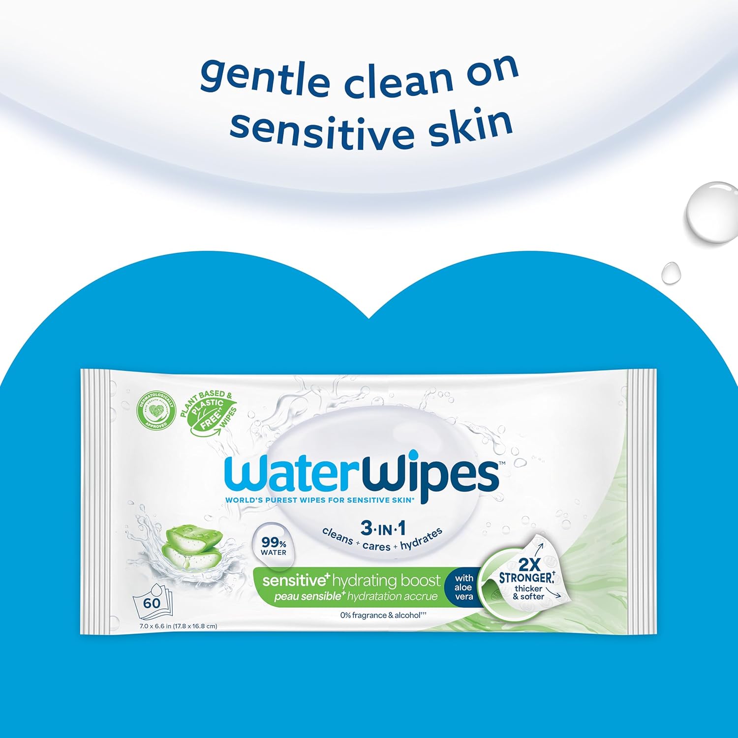WaterWipes Sensitive+ Hydrating Boost Wipes, 3-In-1 Cleans, Cares, Hydrates, 99% Water with Aloe Vera, Unscented & Hypoallergenic Baby Wipes, 60 Count (1 Pack) Hydrating 1 Count (Pack of 60)
