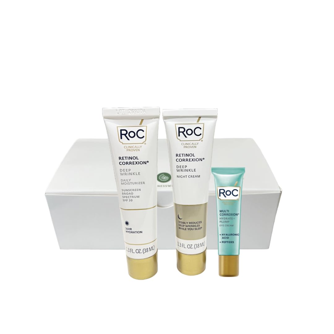 RoC Retinol Correxion NEW JUMBO SIZE Value Set, Deep Wrinkle Daily Moisturizer SPF 30 1.3 OZ + Anti-Aging Night Cream 1.3 OZ + Multi Correxion Hydrate Plump Eye Cream 0.4 OZ for Women & Men