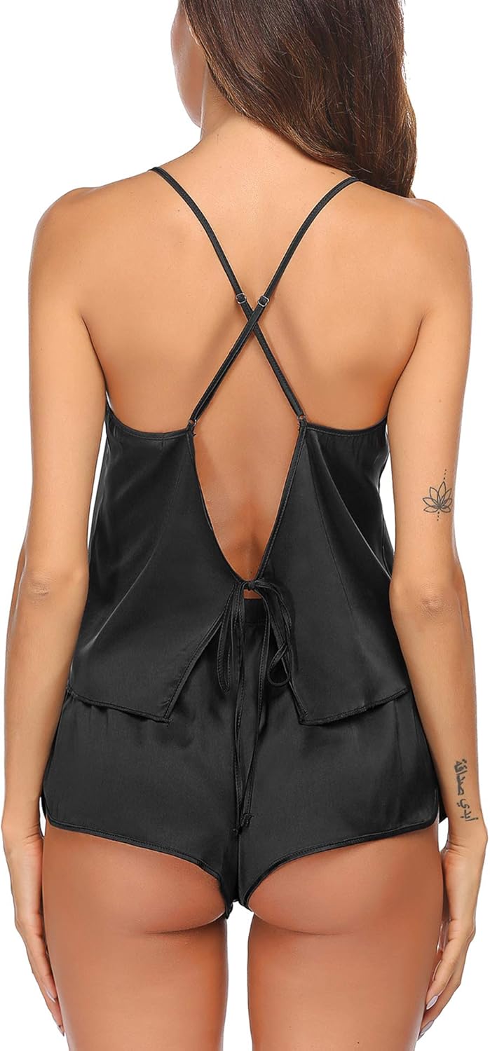 Ekouaer Silk Pajamas Set for Women Satin Backless Lingerie Pjs Cami Top and Shorts Nightwear Black Medium