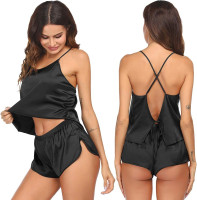 Ekouaer Silk Pajamas Set for Women Satin Backless Lingerie Pjs Cami Top and Shorts Nightwear Black Medium