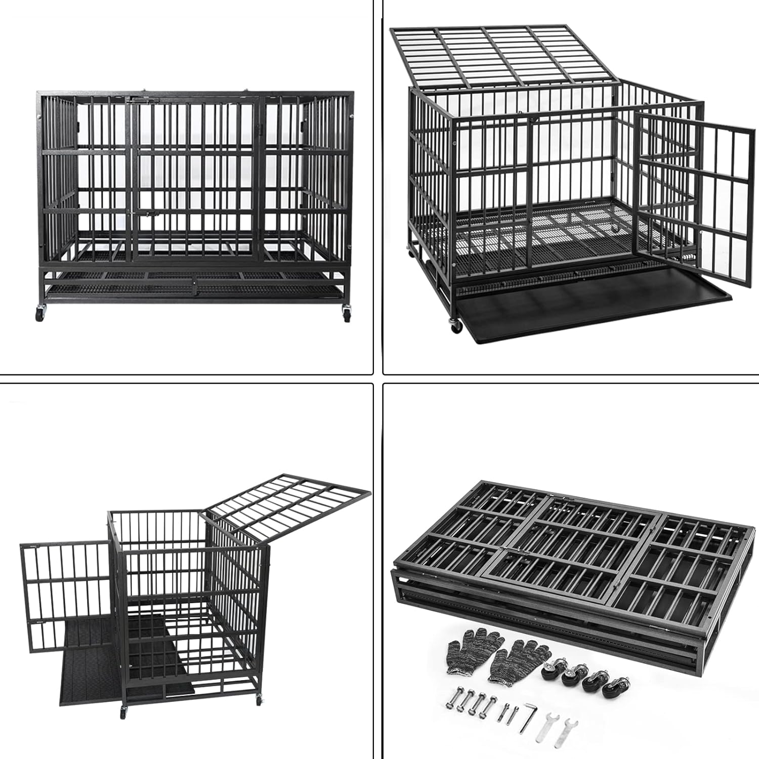 WOKEEN 48 Inch Heavy Duty Dog Crate Cage Kennel with Wheels, High Anxiety Indestructible Dog Crate, Sturdy Locks Design, Double Door and Removable Tray Design, Extra Large XL XXL Dog Crate., Black