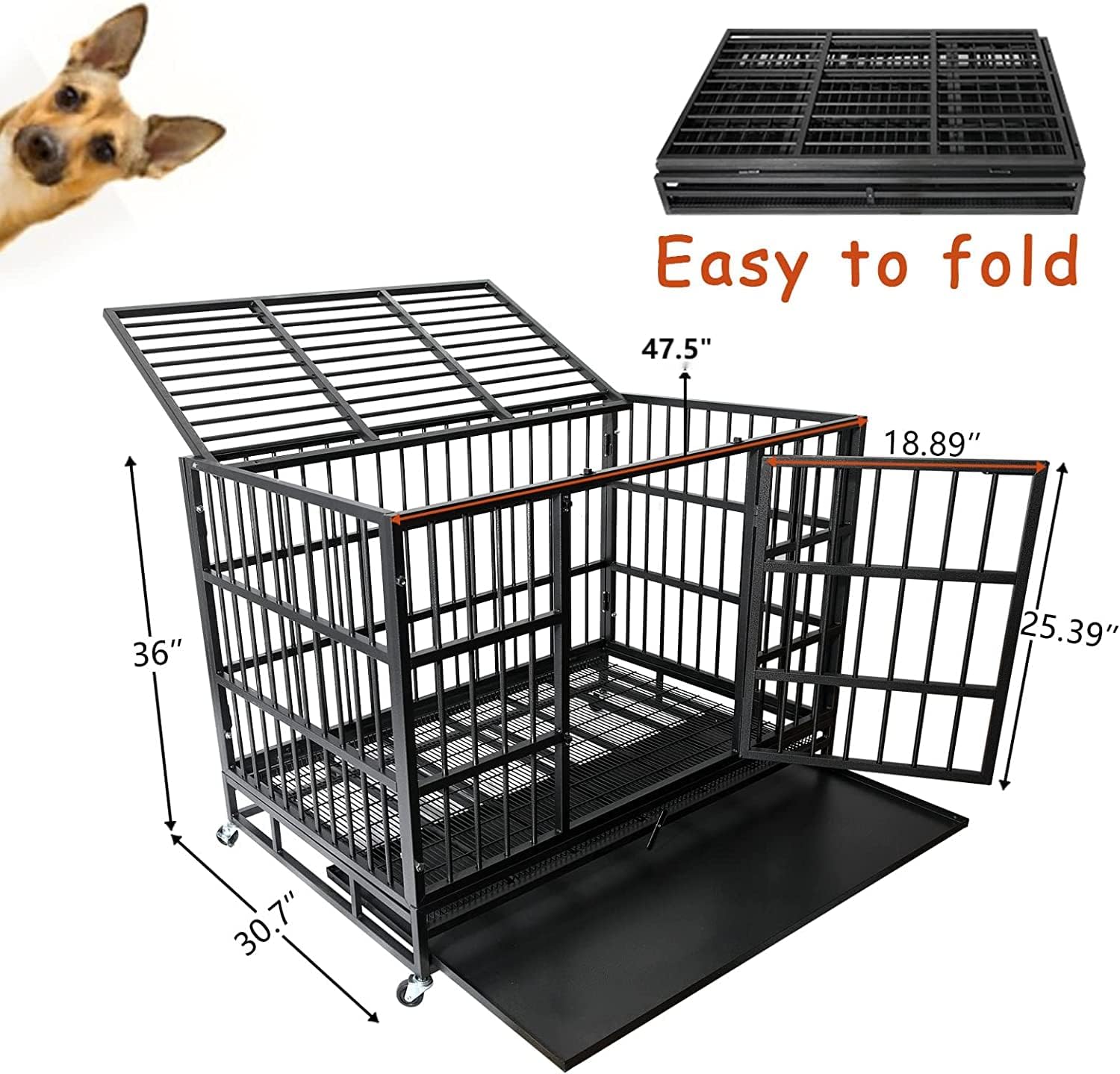 WOKEEN 48 Inch Heavy Duty Dog Crate Cage Kennel with Wheels, High Anxiety Indestructible Dog Crate, Sturdy Locks Design, Double Door and Removable Tray Design, Extra Large XL XXL Dog Crate., Black