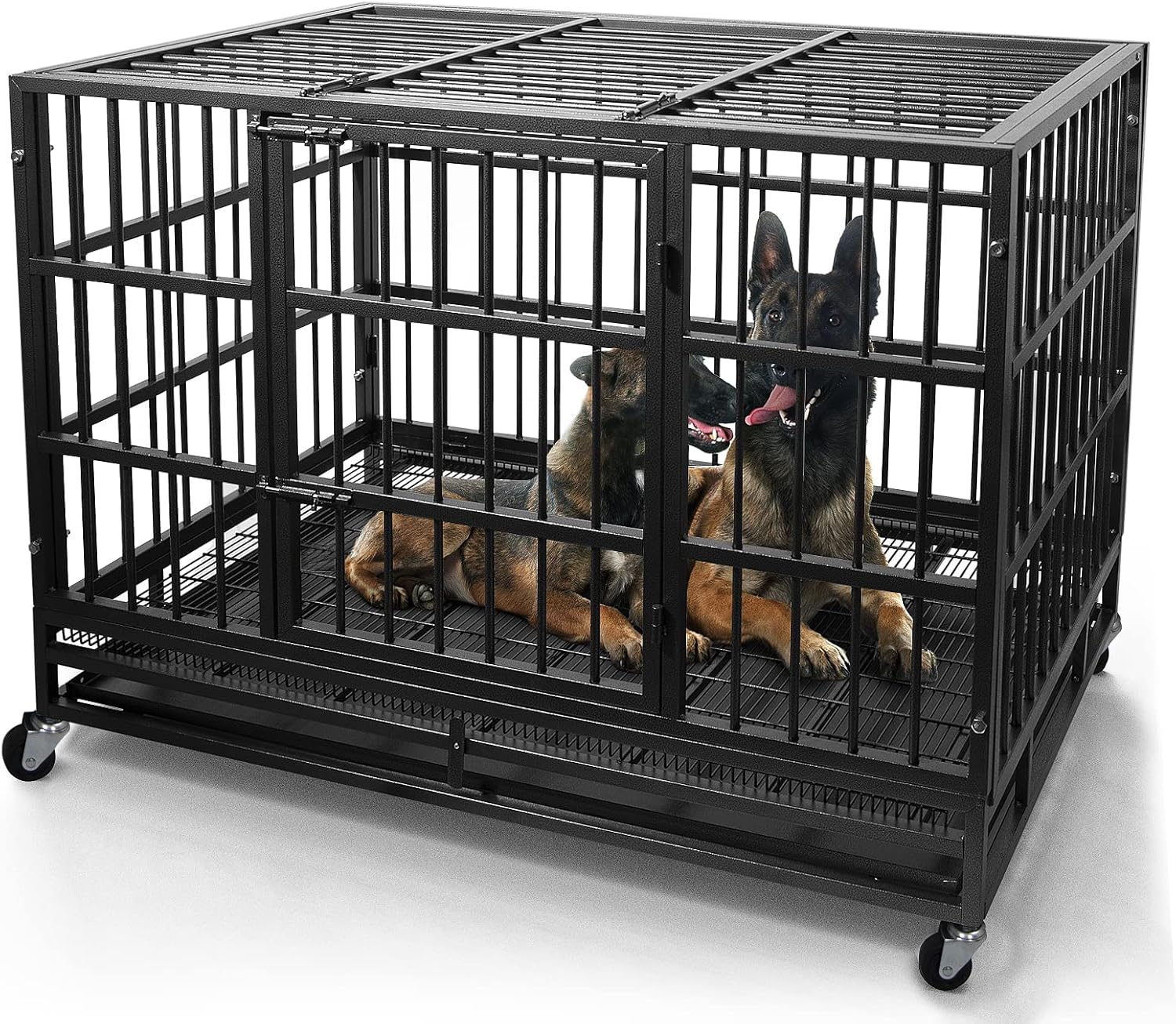 WOKEEN 48 Inch Heavy Duty Dog Crate Cage Kennel with Wheels, High Anxiety Indestructible Dog Crate, Sturdy Locks Design, Double Door and Removable Tray Design, Extra Large XL XXL Dog Crate., Black