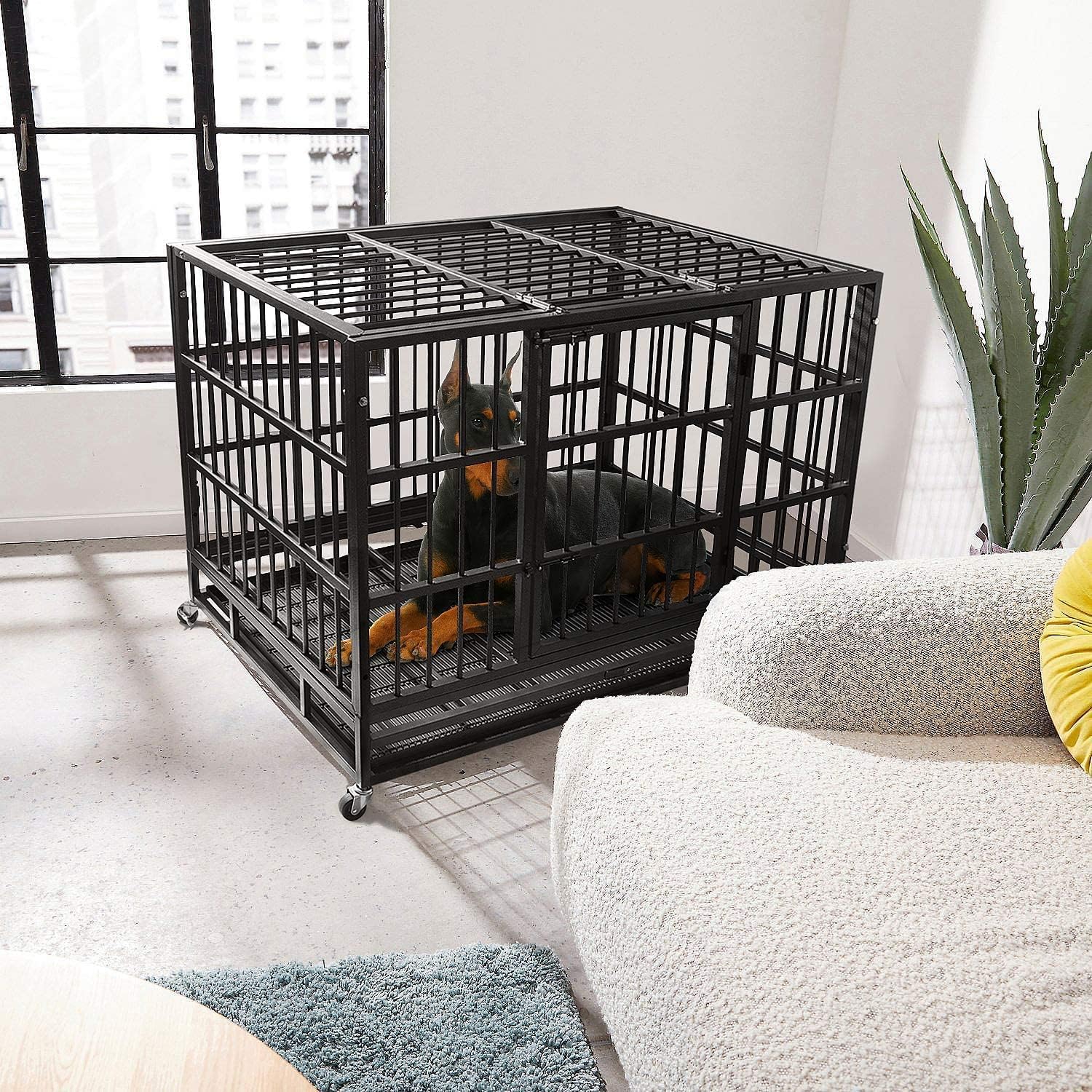 WOKEEN 48 Inch Heavy Duty Dog Crate Cage Kennel with Wheels, High Anxiety Indestructible Dog Crate, Sturdy Locks Design, Double Door and Removable Tray Design, Extra Large XL XXL Dog Crate., Black
