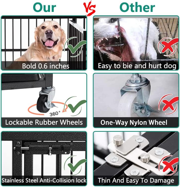 WOKEEN 48 Inch Heavy Duty Dog Crate Cage Kennel with Wheels, High Anxiety Indestructible Dog Crate, Sturdy Locks Design, Double Door and Removable Tray Design, Extra Large XL XXL Dog Crate., Black