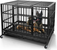 WOKEEN 48 Inch Heavy Duty Dog Crate Cage Kennel with Wheels, High Anxiety Indestructible Dog Crate, Sturdy Locks Design, Double Door and Removable Tray Design, Extra Large XL XXL Dog Crate., Black