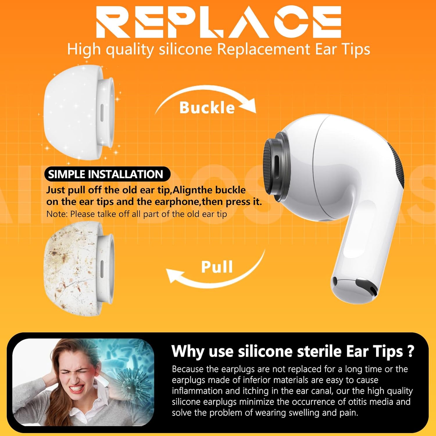 4 Pairs Replacement Ear Tips for AirPods Pro 2nd/1st Generation with Portable Storage Box & Cleaner Pen,Noise Reduction Holewith & Built-in dust Guard Screen,Silicone Ear Tips for AirPods Pro (White) 4White+pen