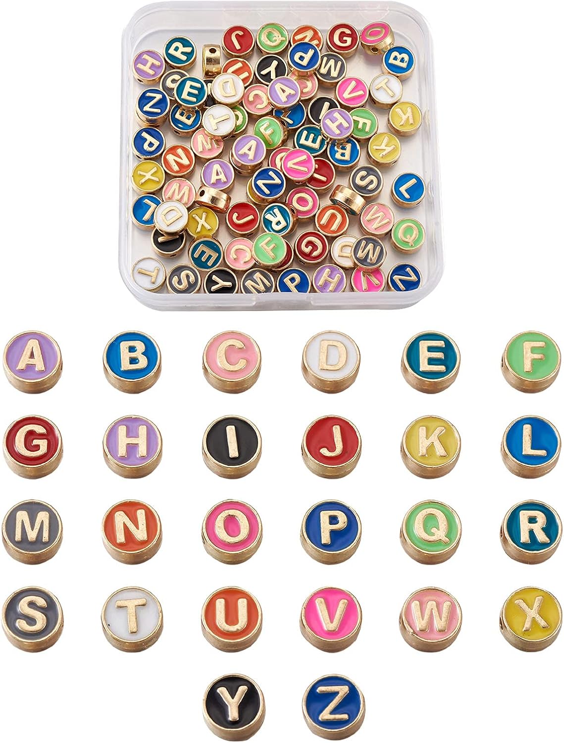 Fashewelry 104Pcs Colorful Enamel Alphabet Letter Beads 8mm Flat Round with Letter A-Z Initial Loose Spacer Beads Gold Plated Metal for DIY Bracelet Necklace Earring Jewelry Craft Making