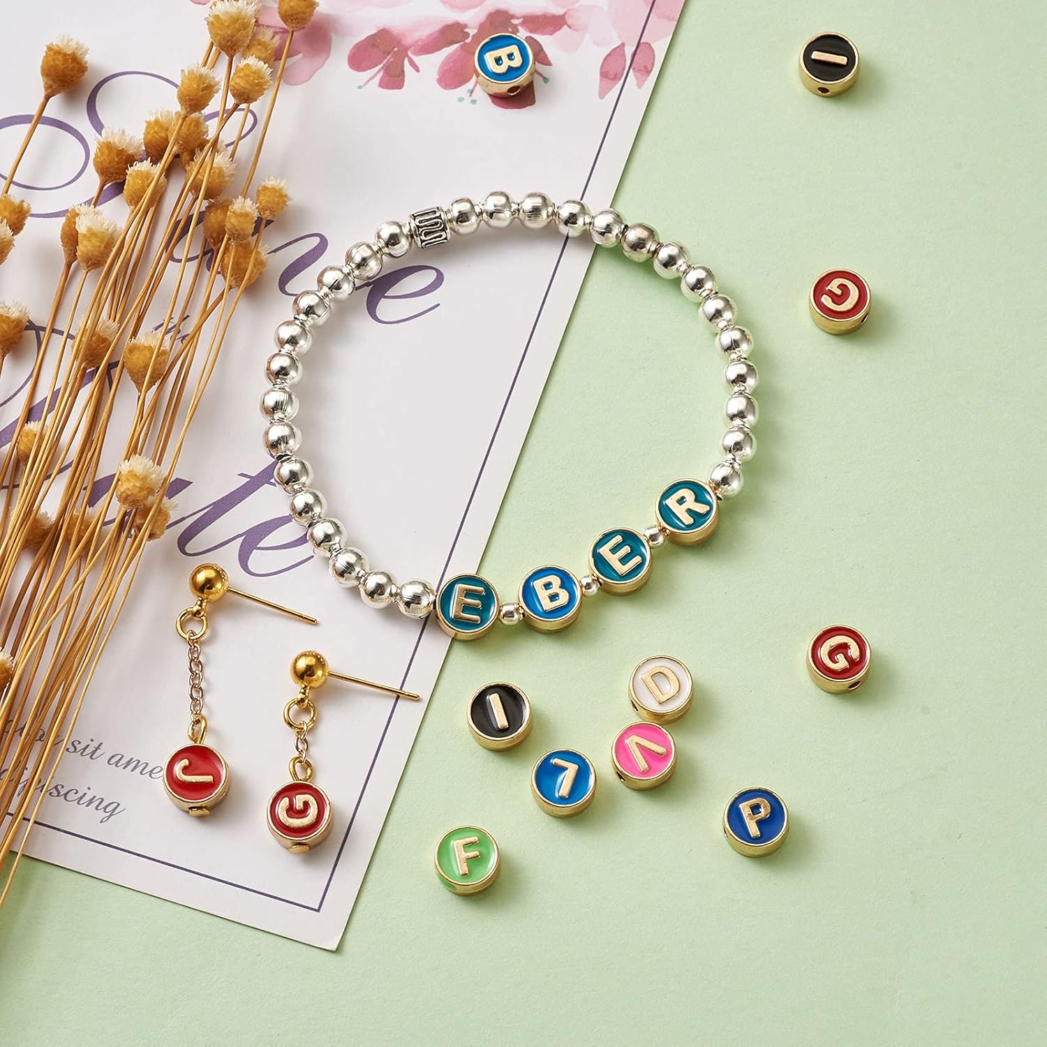 Fashewelry 104Pcs Colorful Enamel Alphabet Letter Beads 8mm Flat Round with Letter A-Z Initial Loose Spacer Beads Gold Plated Metal for DIY Bracelet Necklace Earring Jewelry Craft Making