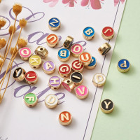 Fashewelry 104Pcs Colorful Enamel Alphabet Letter Beads 8mm Flat Round with Letter A-Z Initial Loose Spacer Beads Gold Plated Metal for DIY Bracelet Necklace Earring Jewelry Craft Making