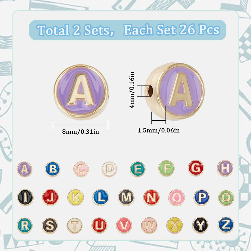 SUNNYCLUE 1 Box 52Pcs Alloy Alphabet Beads Metal Letter Bead Bulk Flat Round Initial Alloy Letters Multicolor Enamel Beads for Jewelry Making Beads Accessories DIY Earring Crafting Beginners Women