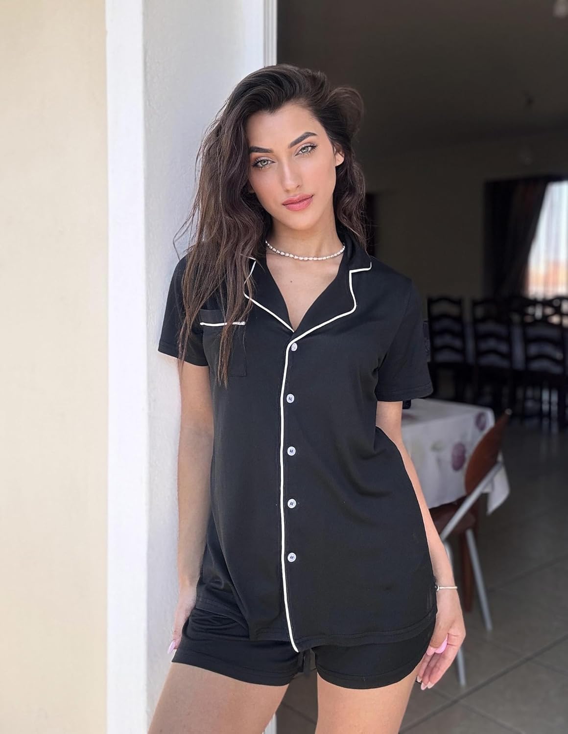 Ekouaer Pajamas Set for Women Short Sleeve Sleepwear Button Down Pjs Soft 2 Piece Lounge Sets XS-XXXL Medium Black