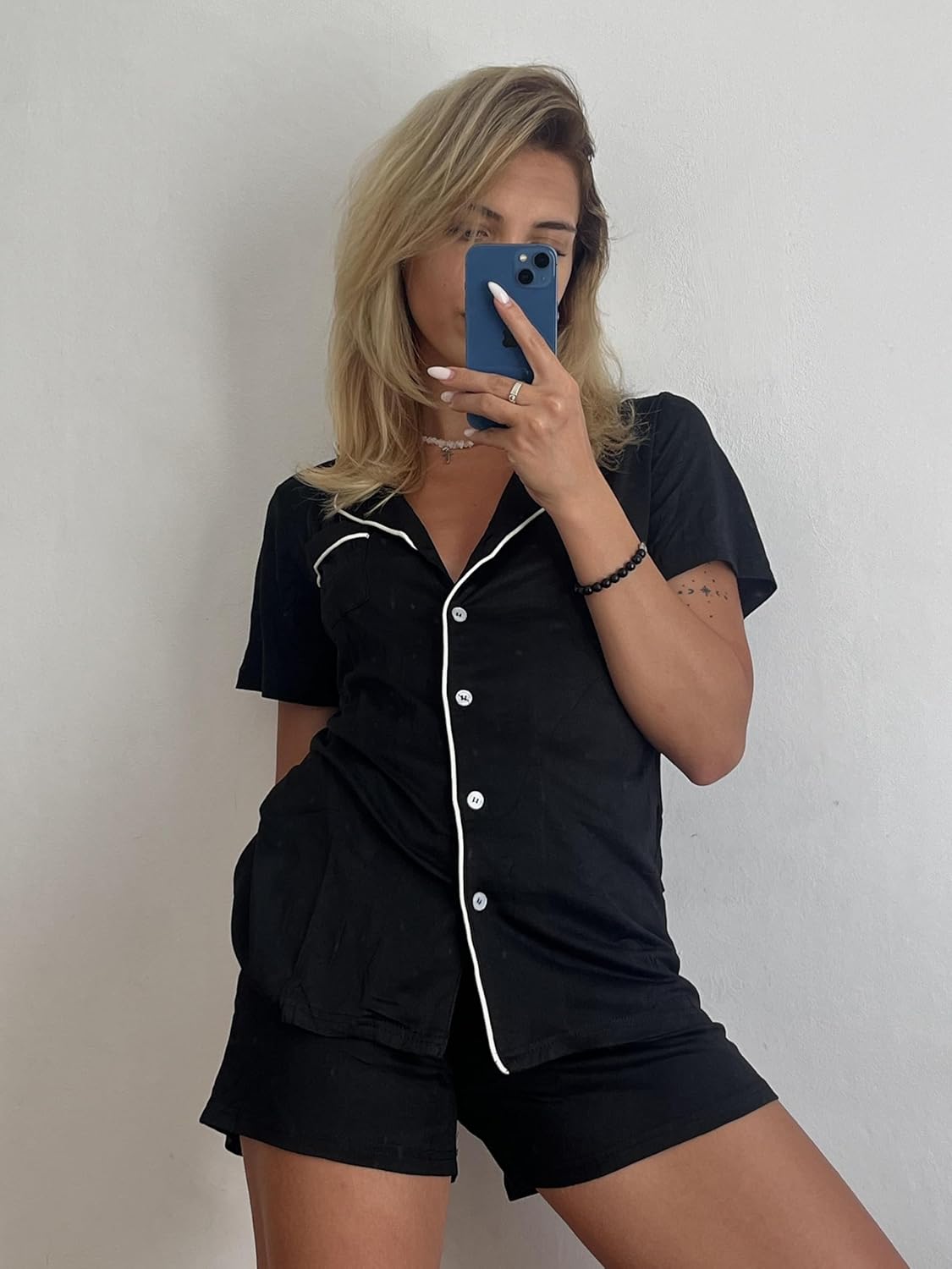 Ekouaer Pajamas Set for Women Short Sleeve Sleepwear Button Down Pjs Soft 2 Piece Lounge Sets XS-XXXL Medium Black