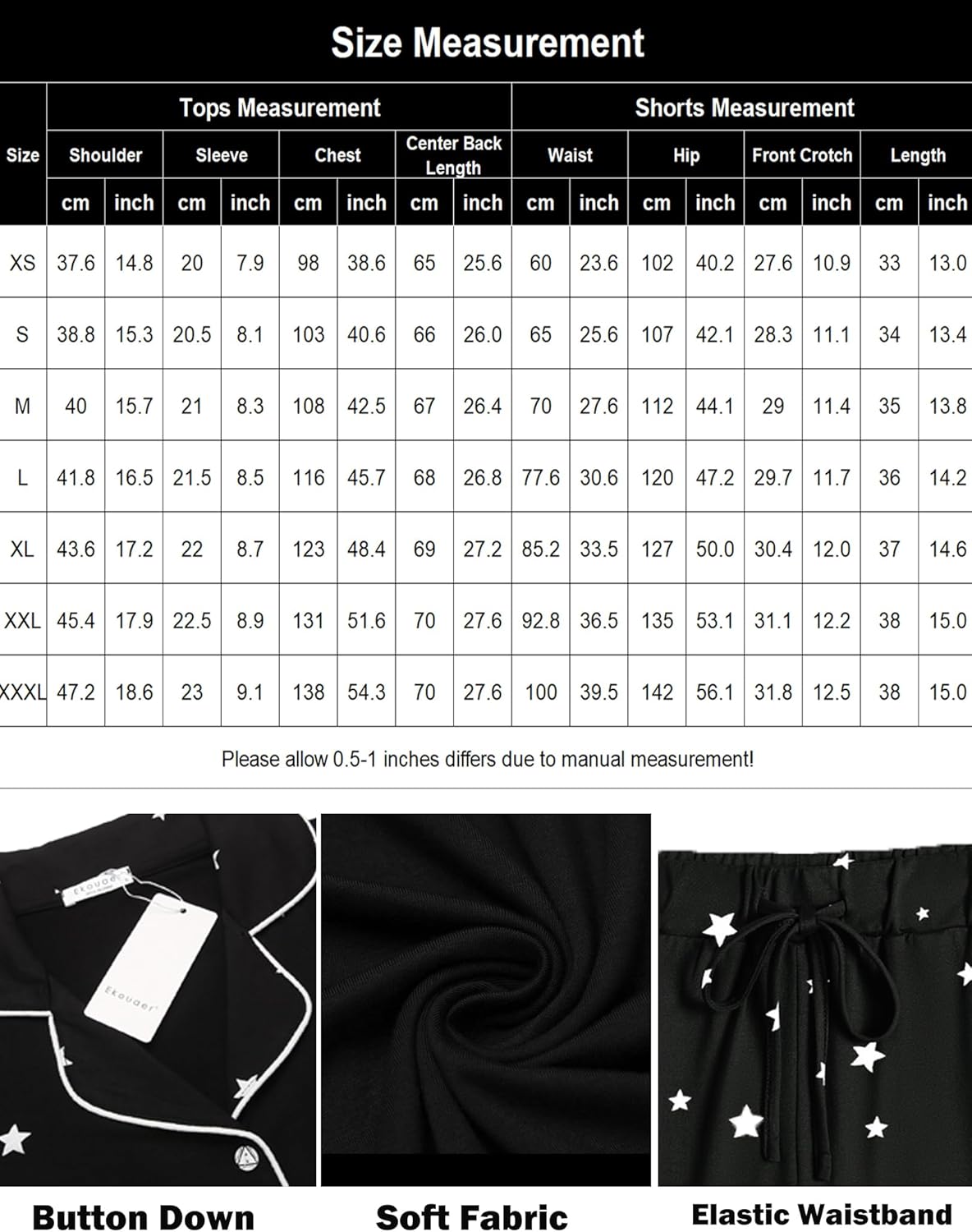 Ekouaer Pajamas Set for Women Short Sleeve Sleepwear Button Down Pjs Soft 2 Piece Lounge Sets XS-XXXL Medium Black