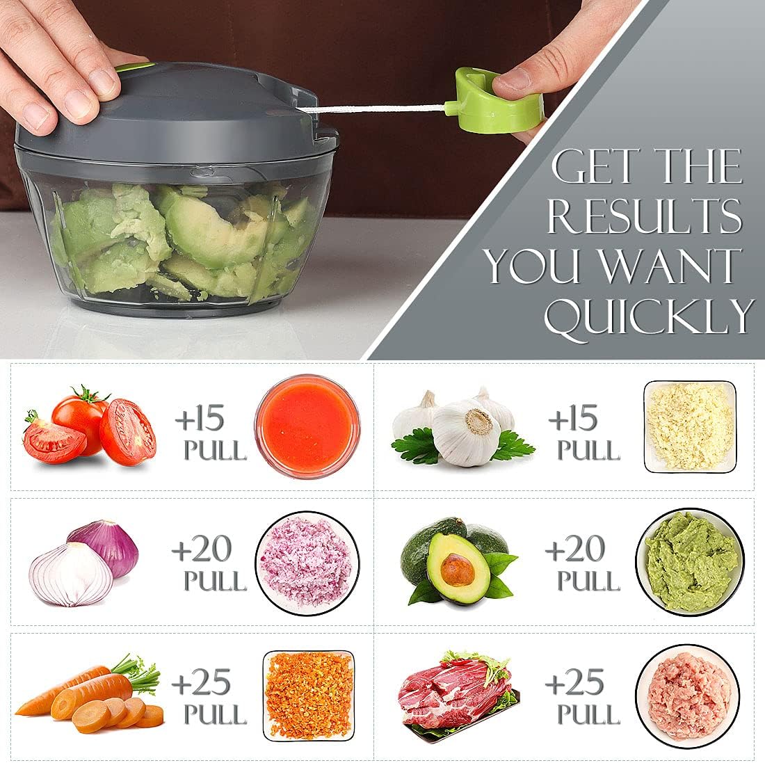 Ourokhome Manual Food Processor Vegetable Chopper, Portable Hand Pull String Garlic Mincer Onion Cutter for Veggies, Ginger, Fruits, Nuts, Herbs, etc., 500ml, Grey 500 ml Gray