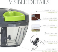 Ourokhome Manual Food Processor Vegetable Chopper, Portable Hand Pull String Garlic Mincer Onion Cutter for Veggies, Ginger, Fruits, Nuts, Herbs, etc., 500ml, Grey 500 ml Gray