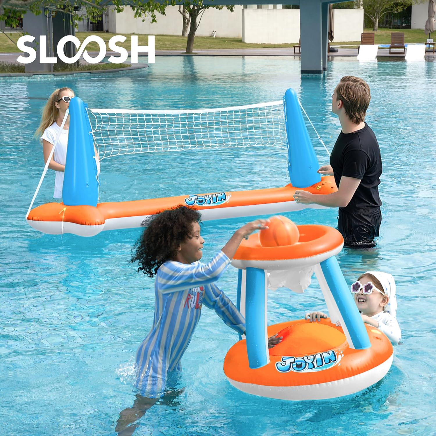 JOYIN Inflatable Pool Float Set Volleyball Net & Basketball Hoops, Floating Swimming Game Toy for Kids and Adults, Summer Floaties, Volleyball Court (105”x28”x38”)|Basketball (27.6”x23”),L-Orange Orange Large