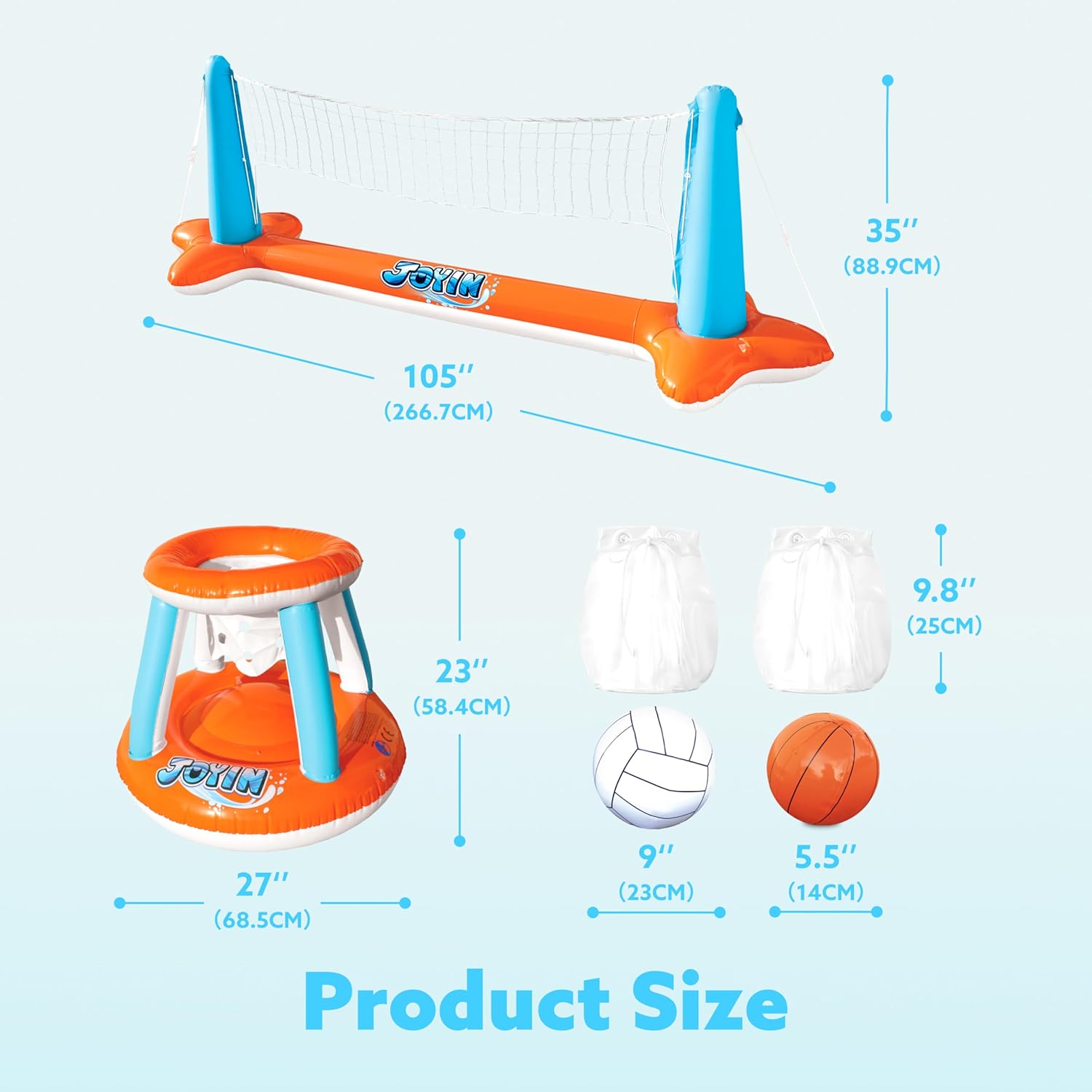 JOYIN Inflatable Pool Float Set Volleyball Net & Basketball Hoops, Floating Swimming Game Toy for Kids and Adults, Summer Floaties, Volleyball Court (105”x28”x38”)|Basketball (27.6”x23”),L-Orange Orange Large