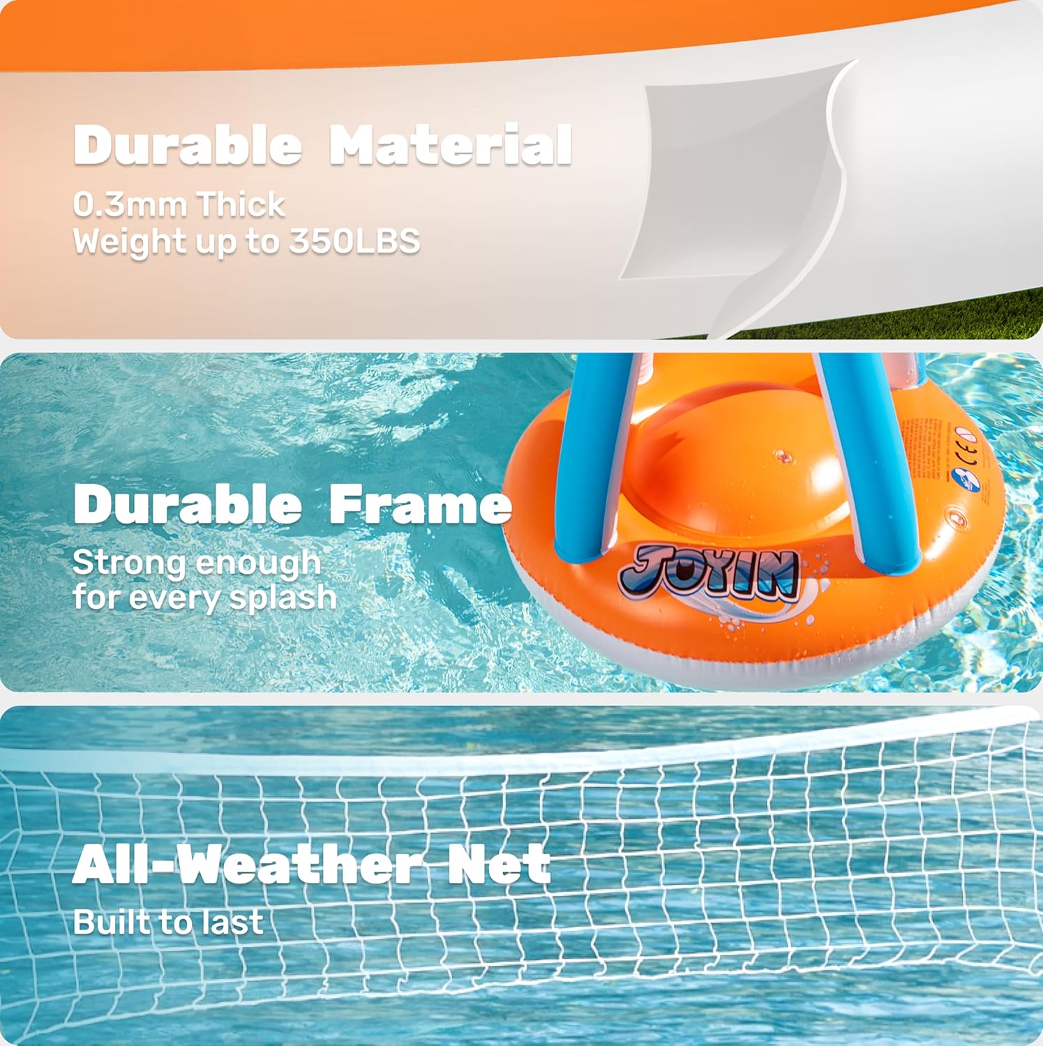 JOYIN Inflatable Pool Float Set Volleyball Net & Basketball Hoops, Floating Swimming Game Toy for Kids and Adults, Summer Floaties, Volleyball Court (105”x28”x38”)|Basketball (27.6”x23”),L-Orange Orange Large