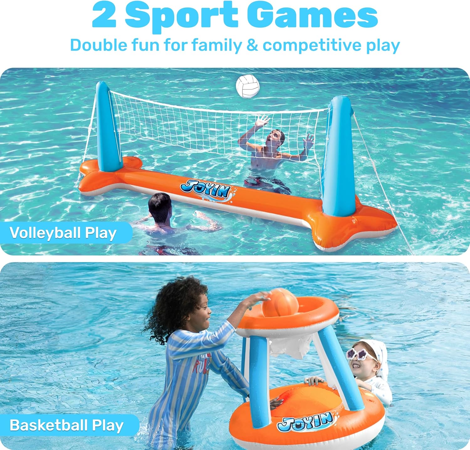 JOYIN Inflatable Pool Float Set Volleyball Net & Basketball Hoops, Floating Swimming Game Toy for Kids and Adults, Summer Floaties, Volleyball Court (105”x28”x38”)|Basketball (27.6”x23”),L-Orange Orange Large