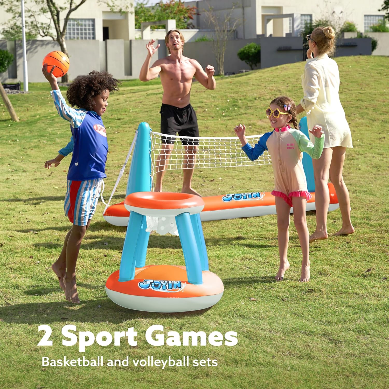 JOYIN Inflatable Pool Float Set Volleyball Net & Basketball Hoops, Floating Swimming Game Toy for Kids and Adults, Summer Floaties, Volleyball Court (105”x28”x38”)|Basketball (27.6”x23”),L-Orange Orange Large