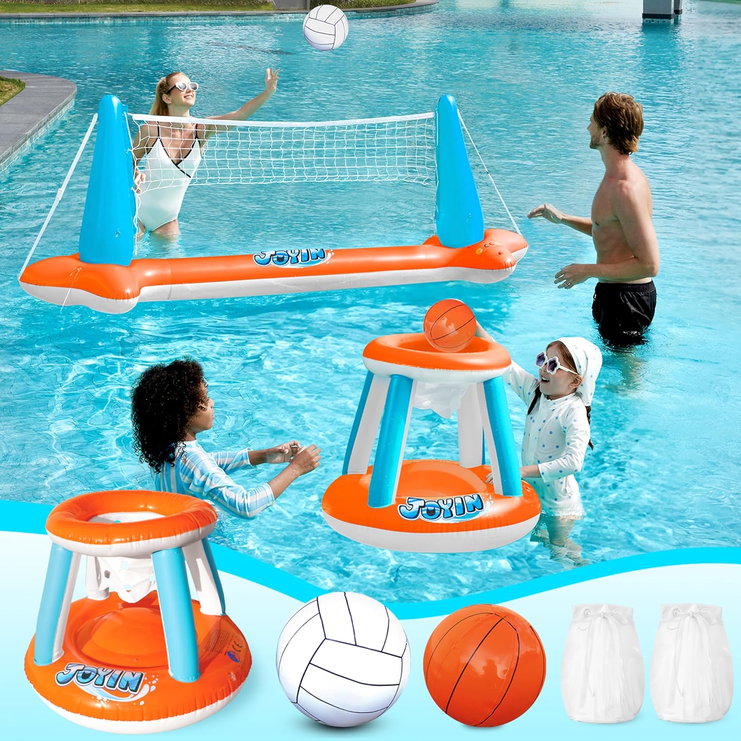 JOYIN Inflatable Pool Float Set Volleyball Net & Basketball Hoops, Floating Swimming Game Toy for Kids and Adults, Summer Floaties, Volleyball Court (105”x28”x38”)|Basketball (27.6”x23”),L-Orange Orange Large